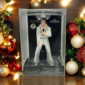 Kurt Adler Elvis Blown Glass Christmas Ornament White Jumpsuit Guitar Mic in Box